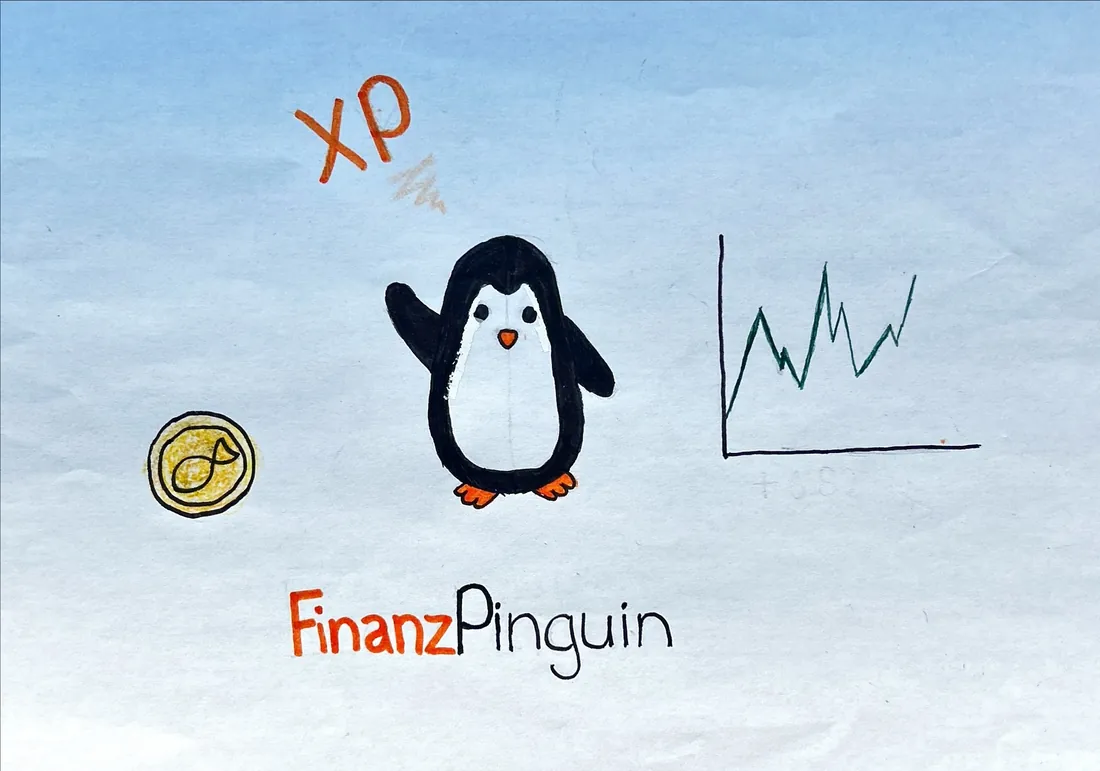Zeichnung von Carla: Pinguin mit FishCoin, XP und Aktienkurve, darunter das Wort FinanzPinguin